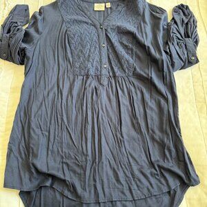 St John's Bay 1X Womens Plus Size 3/4 Sleeve Blue Button Up Blouse